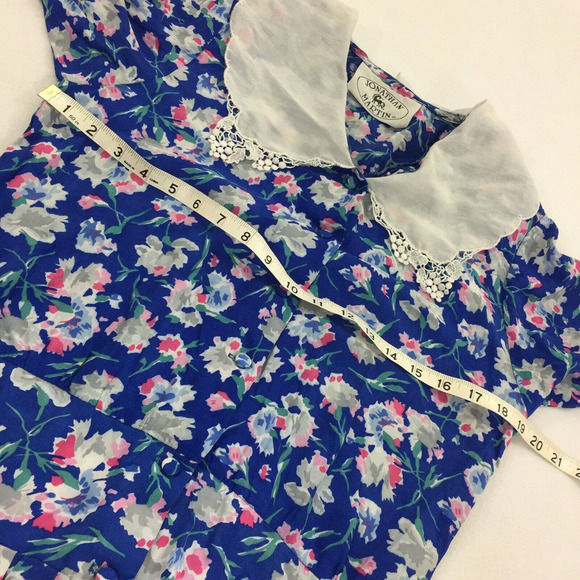 Vintage 1980s Jonathan Martin Floral Dress 9/10 Blue Modest Peter Pan Collar M - Picture 6 of 7